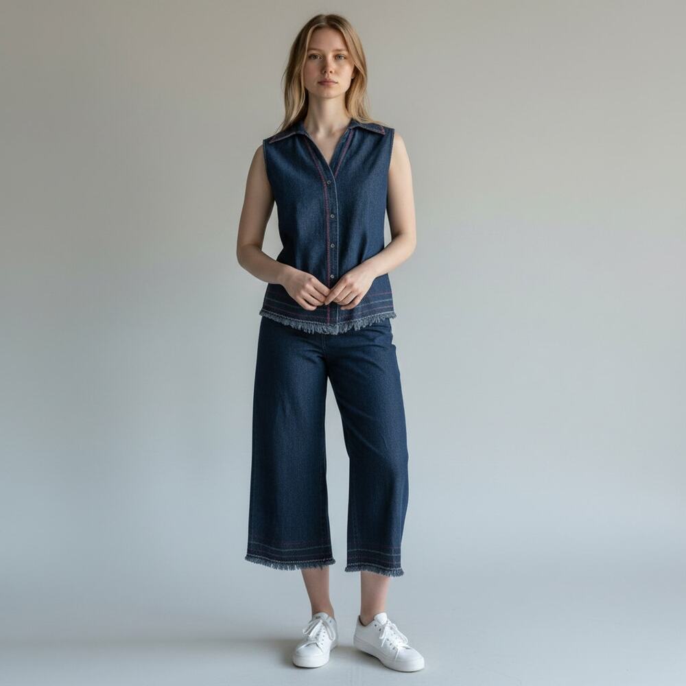 Signature By Robbie Bee Womens Denim Vest Pants Set Embroidered Bling Size 6 8